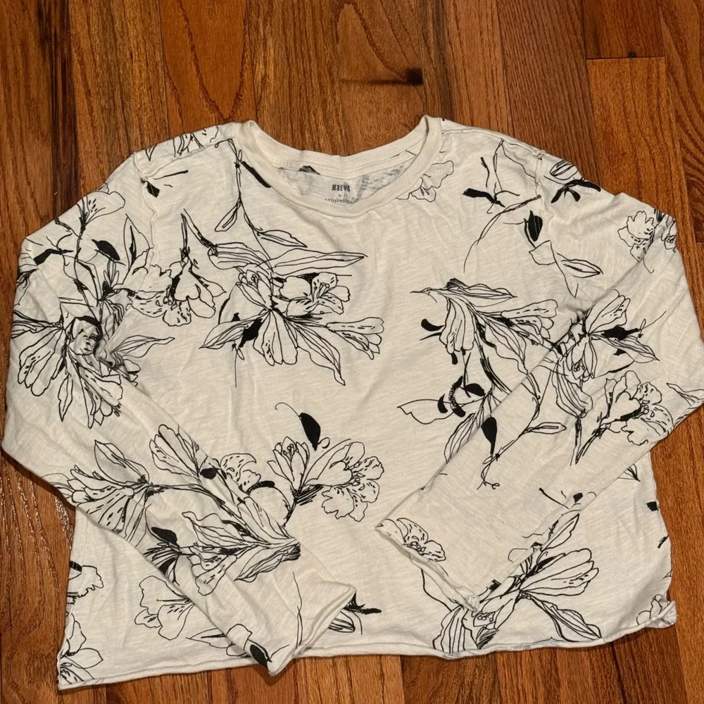 Anthropologie Maeve Caitlin Floral Black And White Long Sleeve Crewneck Top Med - Picture 2 of 4